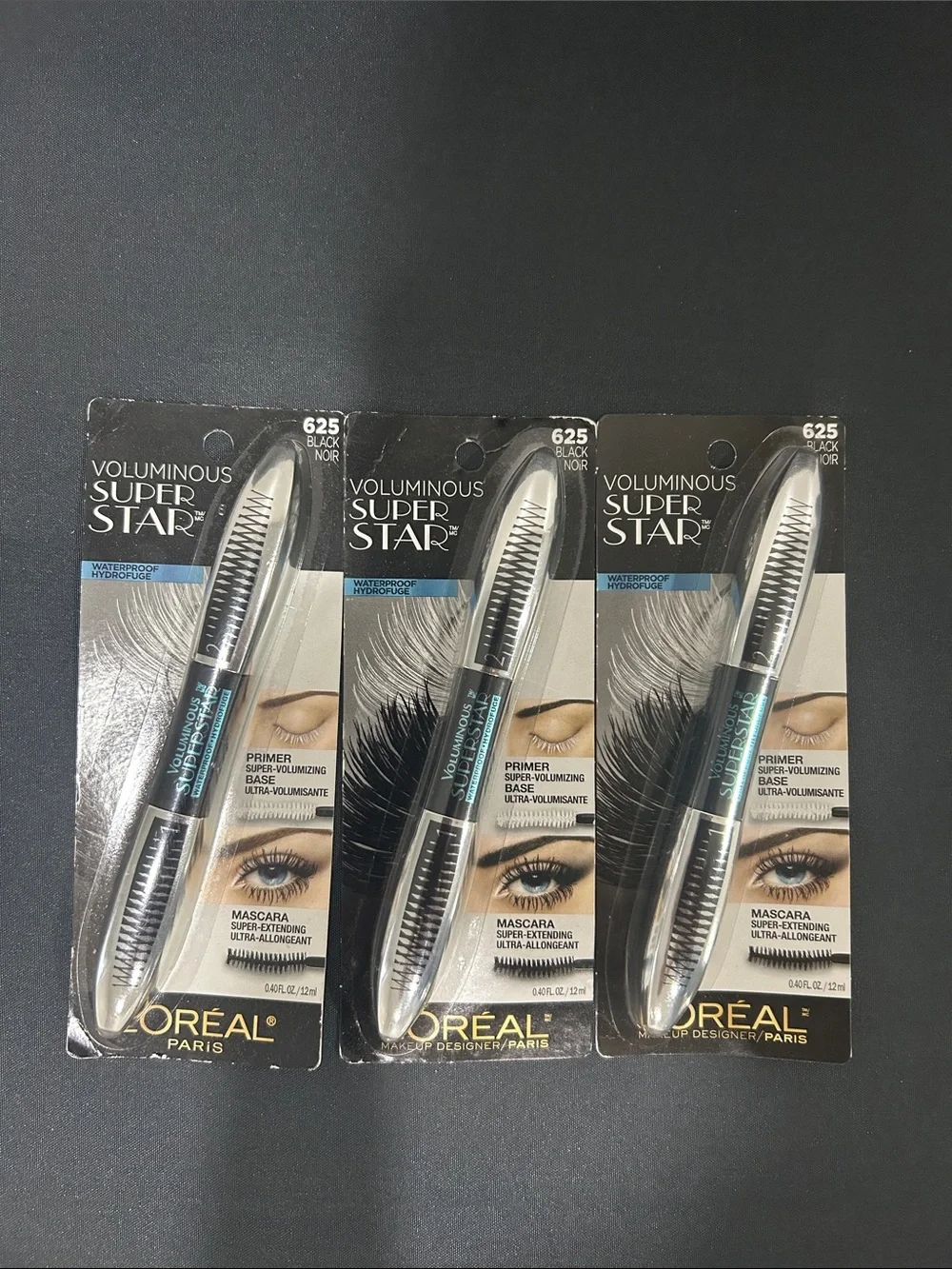 LOT OF 3 L'Oréal Voluminous Superstar Mascara Primer + Mascara Duo #625 Black